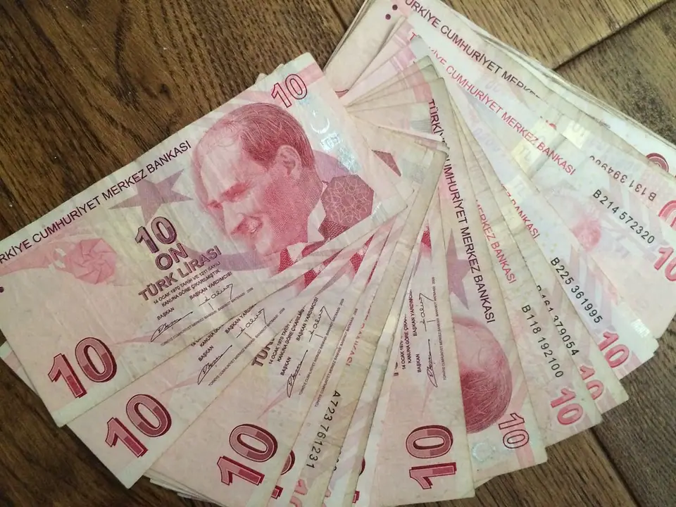 Ahşap masa üzerine yelpaze gibi açılmış on Türk lirası banknotlar